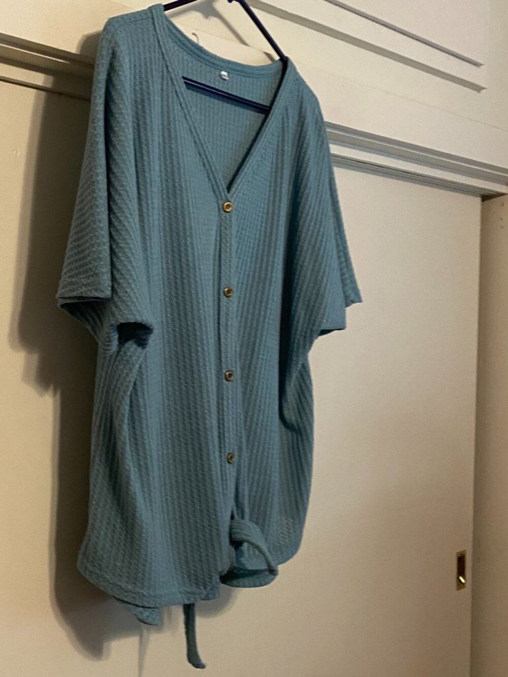 Rib knit, deep sea green short sleeve, button-down tunic w/bottom knot, size XL - Picture 3 of 10